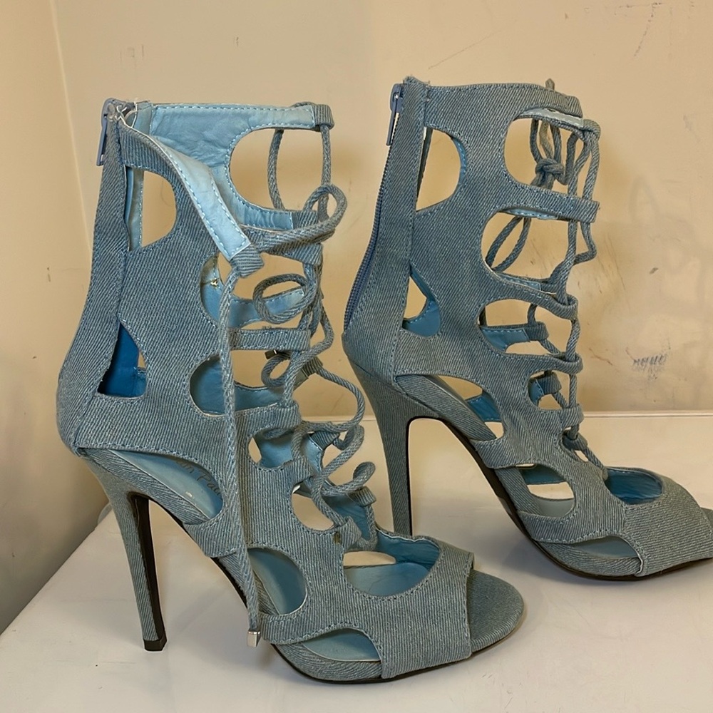 Light Blue Denim Gladiator Heels